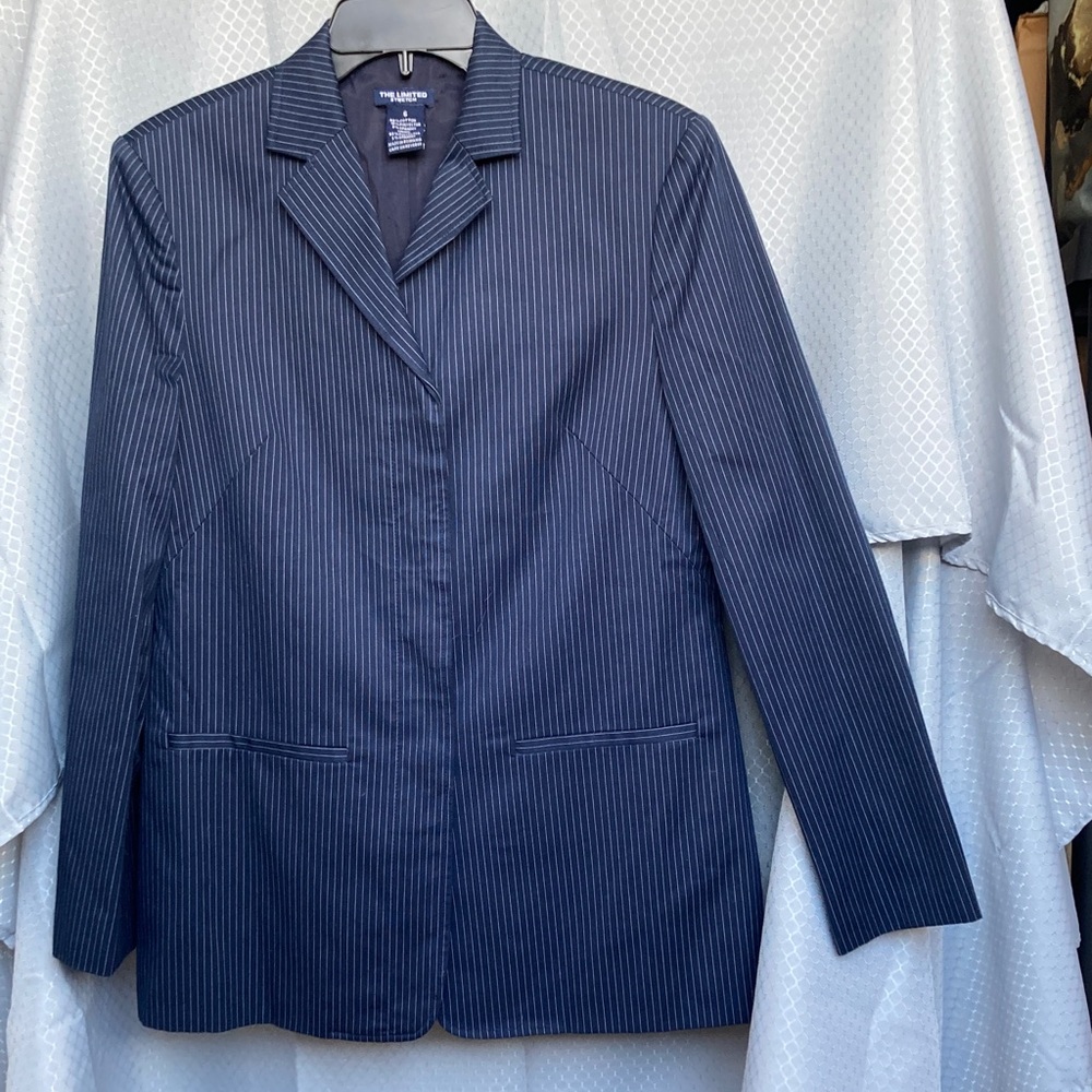 Vintage 90s The limited navy blue pin stripe blazer hidden shoulder pad - Picture 4 of 17